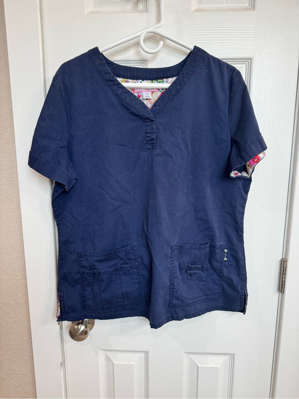 koi Navy Scrub Top with Pink Floral Lining